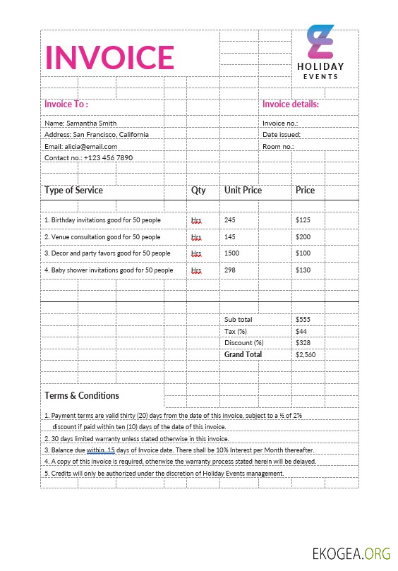 Modèle de facture du planificateur d'événements